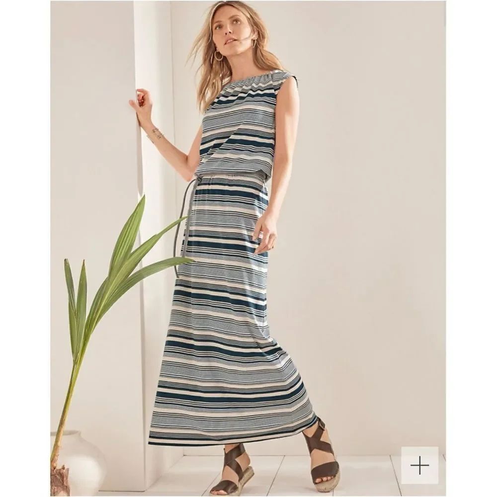Garnet Hill Santorini Black Tan White Striped Knit Dress sz L EUC
